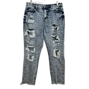 KanCan Distressed Mom Jeans Womens 11/29 High Rise Ripped Acid Wash Raw Hem